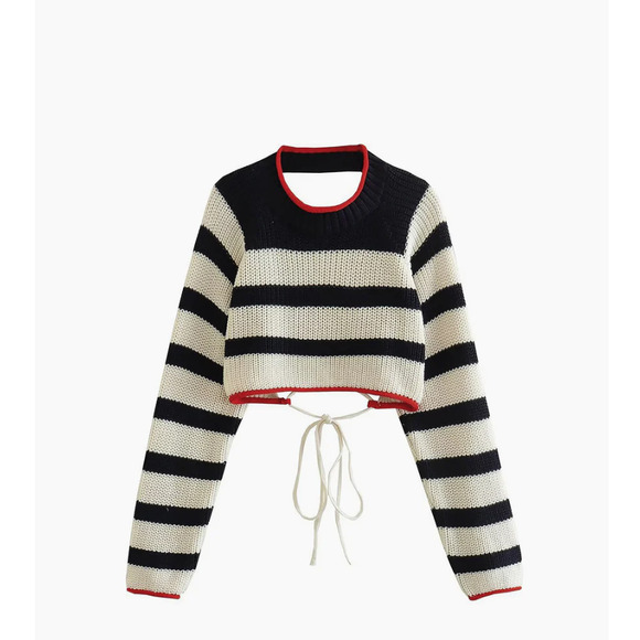 Commense Tops - Commense Stripe Crochet Long Sleeve Open Back Crop Top Sweater Cut Out Cute